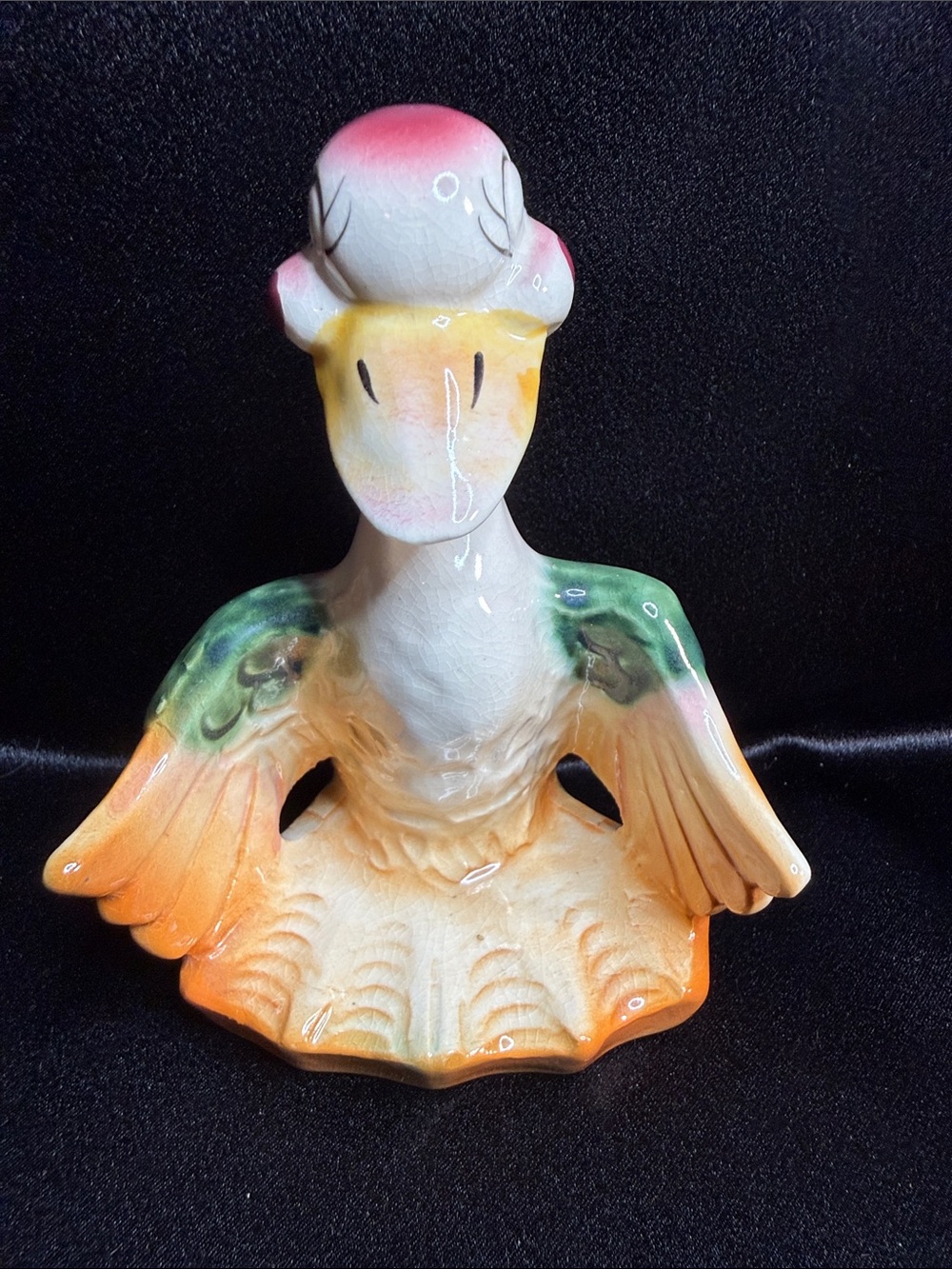 Ceramic Bird Figurine in Orange, Green and Pink - Decorative Pet Bird Accent